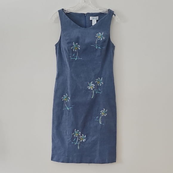 Kenji Dresses & Skirts - Kenji Sleeveless Chambray Midi Dress With Embroidered Palm Trees Size‎ 6